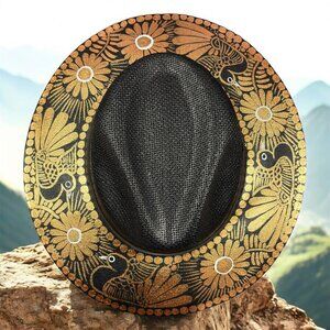 Custom Floral Hand Painted Fedora Hat Brown And Black Painted In Detail Unisex S